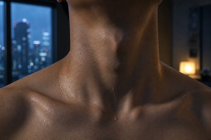 薄暗い部屋で汗ばんだ若い男の首から鎖骨、素肌