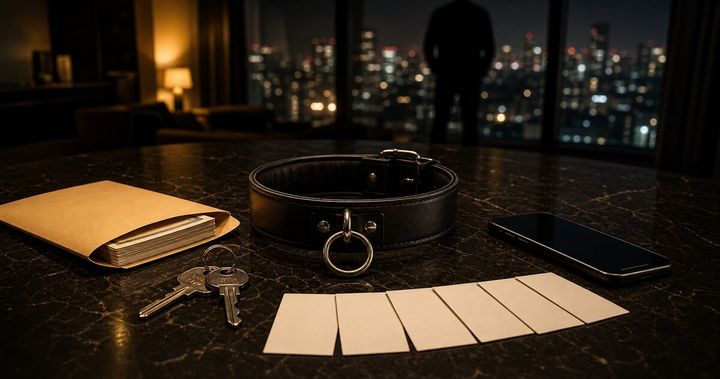現金入りの封筒と鍵、スマートフォン、黒革の首輪